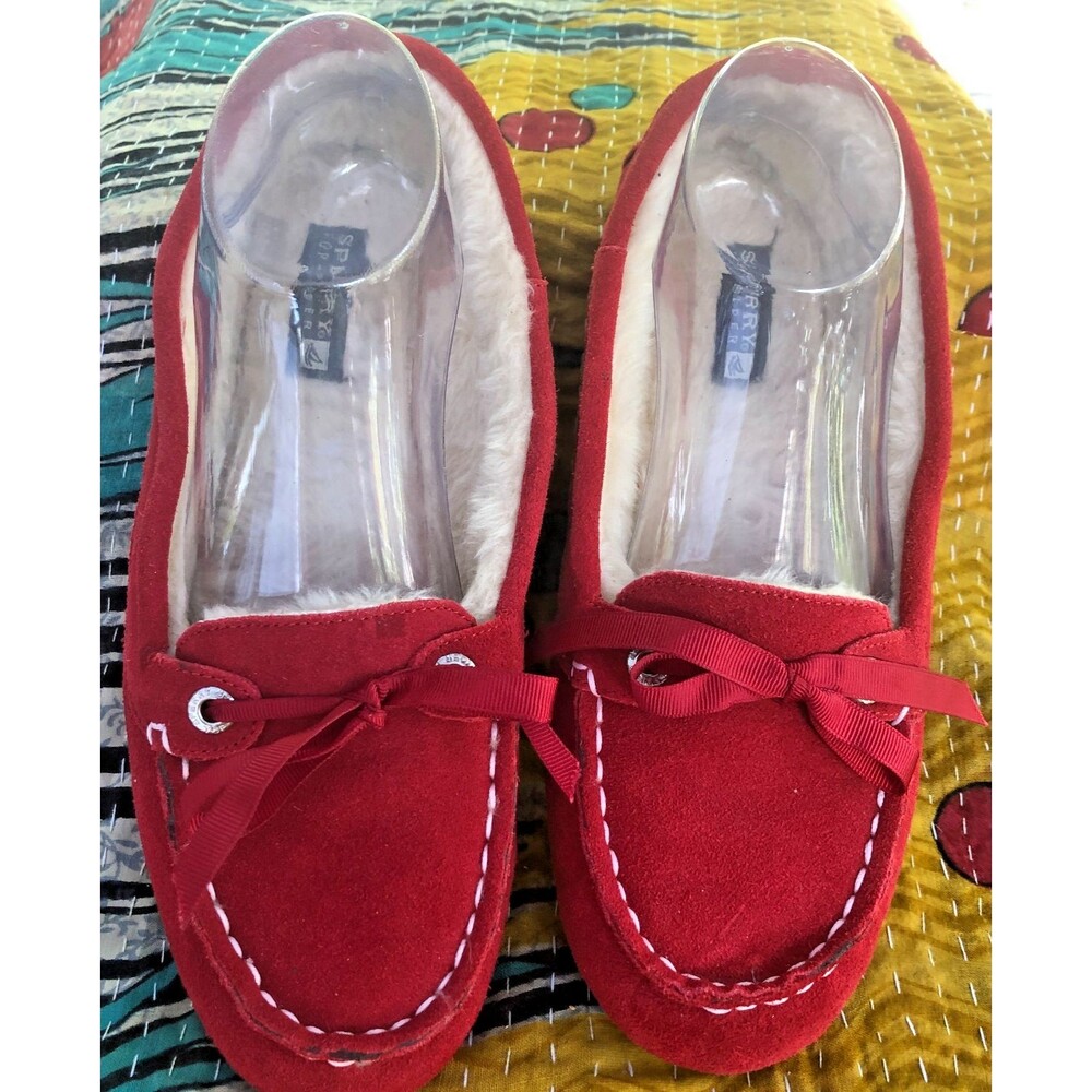 Sperry Top-Sider Red Suede  Moccasin loafers Slippers Faux Fur Womens Size 8M
